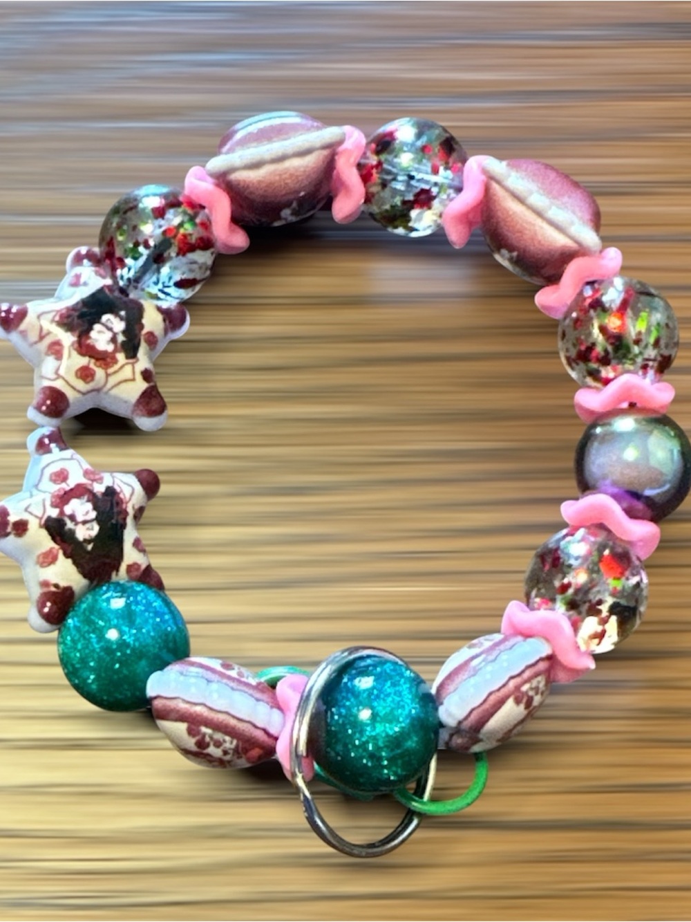 Handmade Beaded Wristlet Keyring - Pink & Green